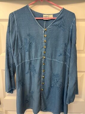 Main Street Denim Blue Embroidered Button-Front Blouse